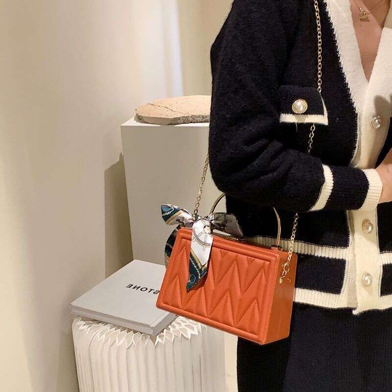 2025 Korean Square Box Bag - Scarf-Detailed Shoulder Purse For Women, Pleated Crossbody With Chain Strap, Elegant Handheld Clutch