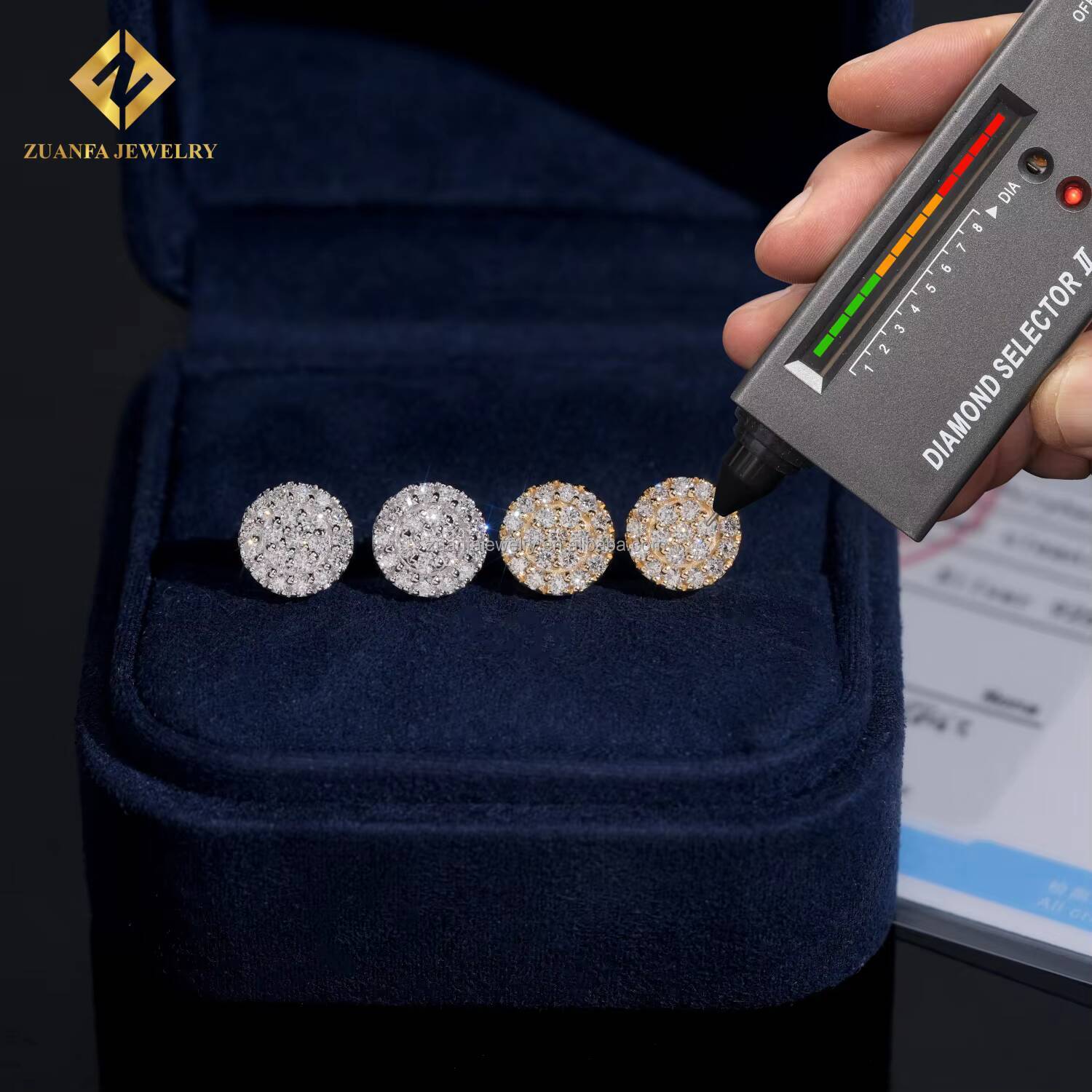 Luxury Hip Hop Style Trendy Iced Out 925 Sterling Silver Lab Grown HPHT Diamond Gold Plated Round Stud Earrings Screw Back Man