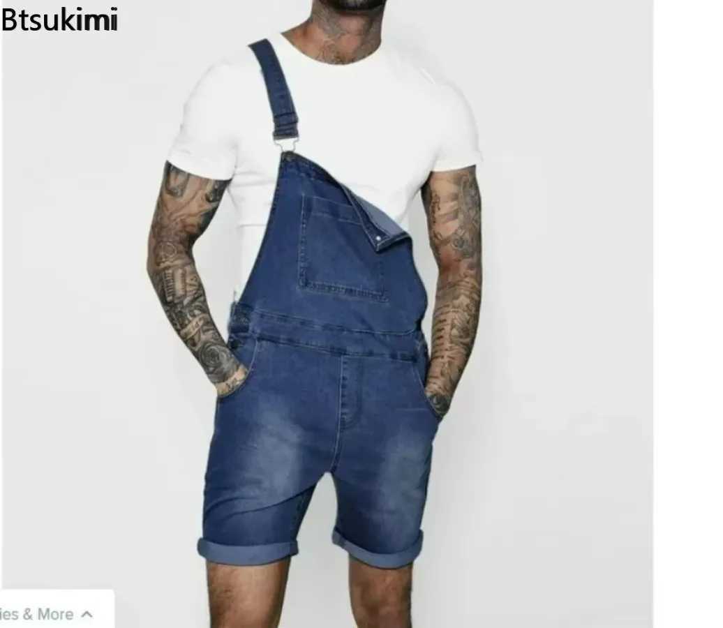 2025 Mens Fashion Multi-Pocket Baggy Jeans Jumpsuit Solid Streetwear Suspender Shorts Rompers Denim Overalls for Men Outfits X250812