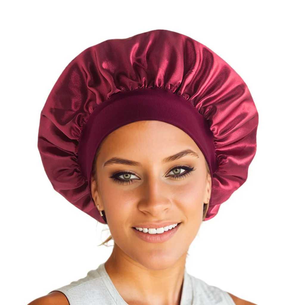 New Womens Satin Solid Wide-brimmed Sleeping Hat Unisex Head Wrap Elastic Band Cap Hair Care Bonnet Night Hat bonnet XJ250812