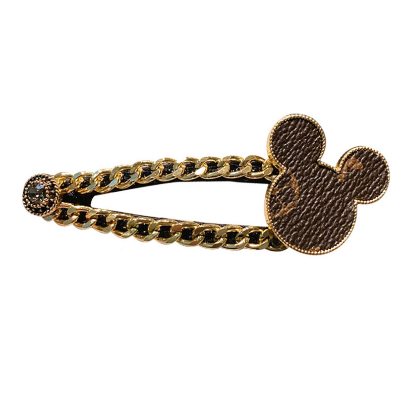 Classic Mickey Heart Leather Print Metal Chain Elegant Side BB Clip Hair Accessory