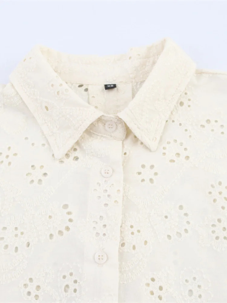 Solid White Hollow Floral Embroidery Long Pants Sets Women Turn Down Collar Shirts High Waist Trousers 2 Piece Lady Party Outfit 250811