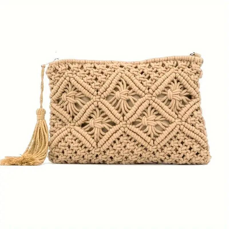 fashion rope woven bag for women casual hollow out tassel clutch purses handmade summer beach bags high-quality