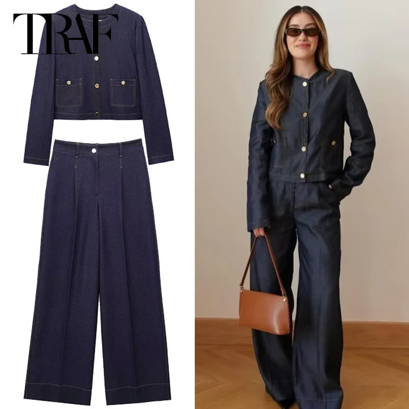 TRAF Denim Pant Sets Womens Suit Elegant Crop Button Top And Bottom Set Women High Waist Trousers Sets Casual Vacation Outfits 250806
