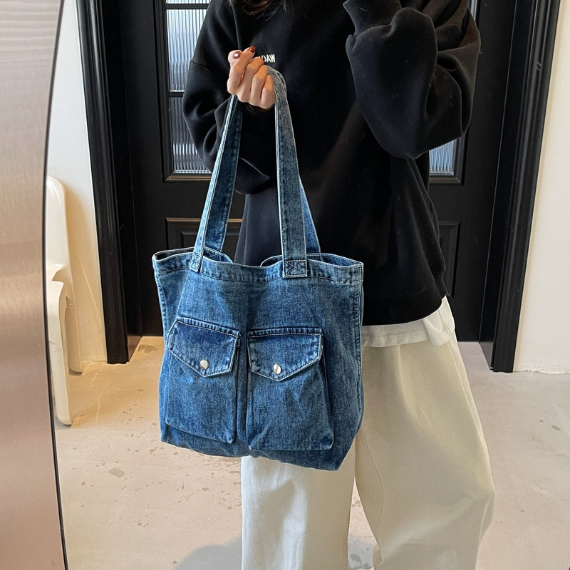 Denim Tote for Women New Versatile Casual Shoulder Student Handbag Class Tutoring Bag