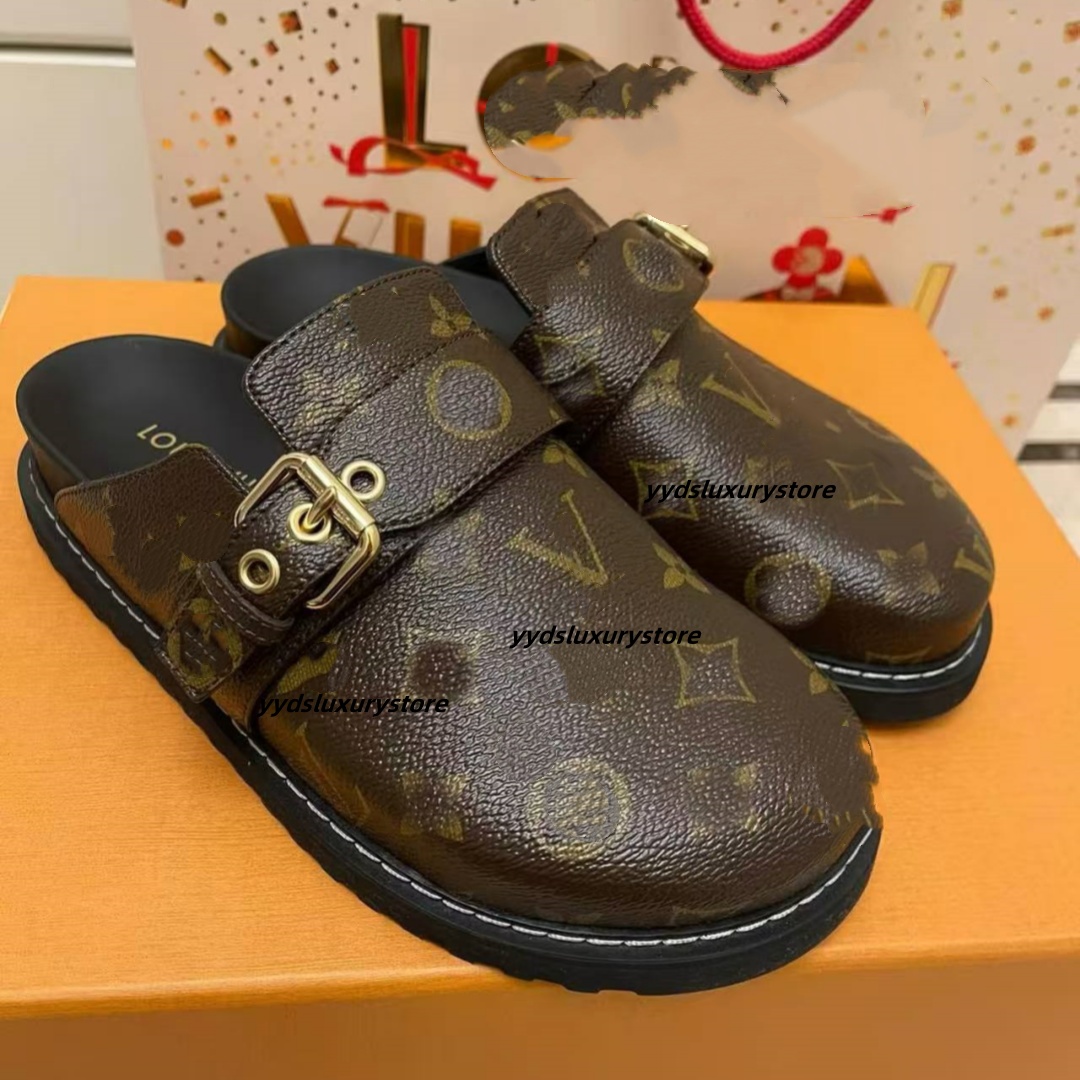 2025 Designer Shoes Luxury Leather Slippers Classic Floral Lettered Flat Bottom Shoes Anti-Slip Head Cover Half Slippers Outdoor Leisure High-Quality Sandals