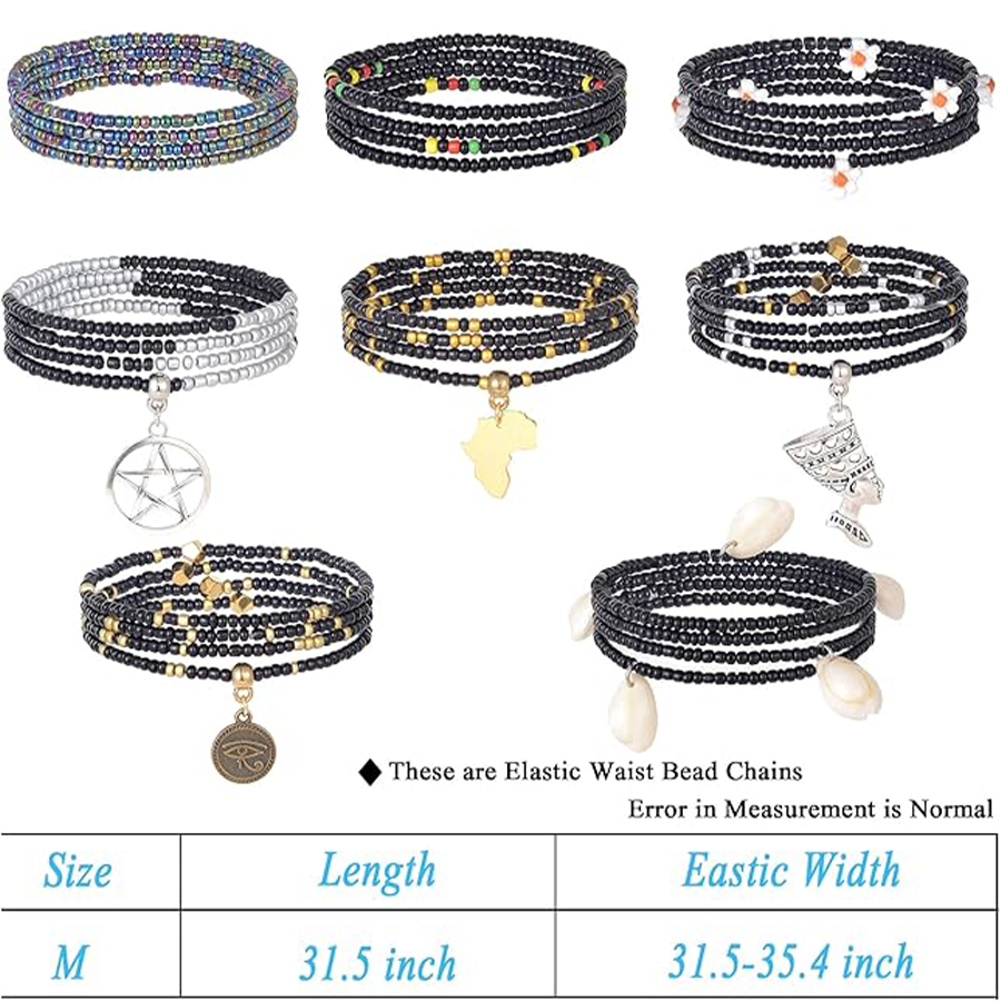 8Pcs 31.5 Inches African Waist Bead Chain Elastic Belly Beads Butterfly Shell Layered Body Chain Black Tone Jewelry Accessories for Women