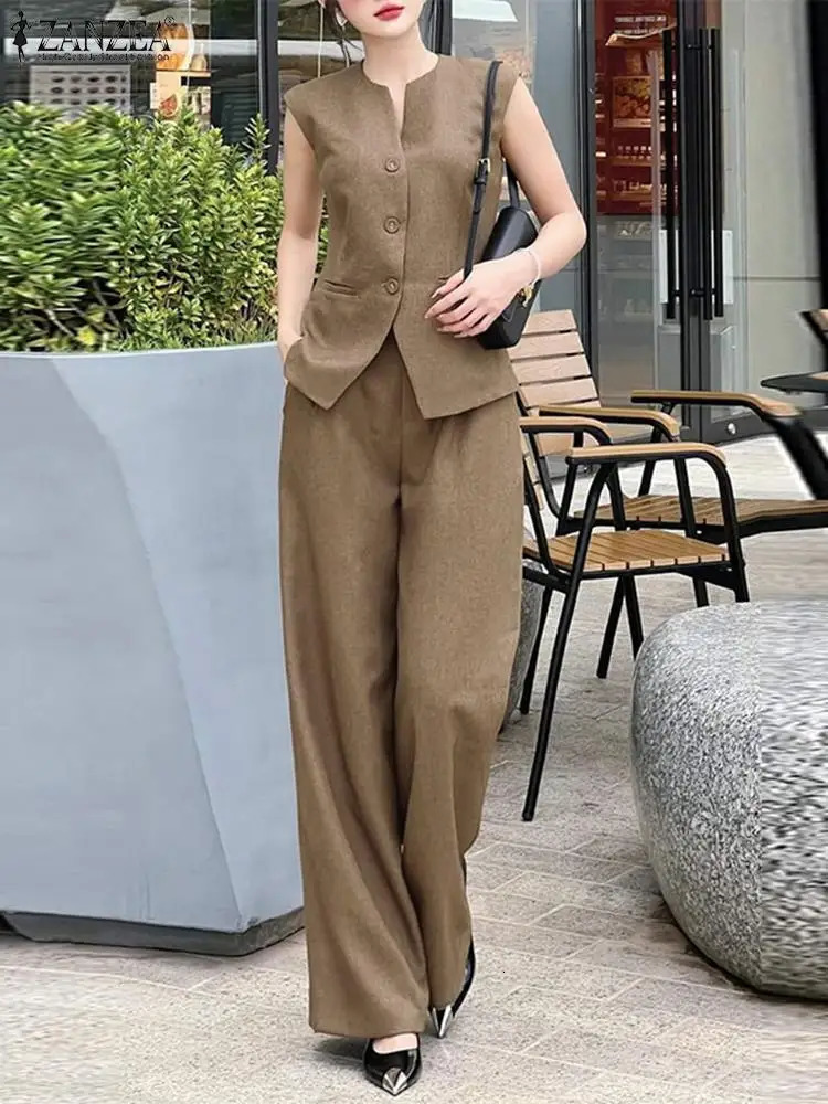 ZANZEA Women 2pcs Matching Sets Fashion Sleeveless Waistcoat Suits Office Lady Wide Leg Pants Casual Loose Solid Retro Outfits 250811