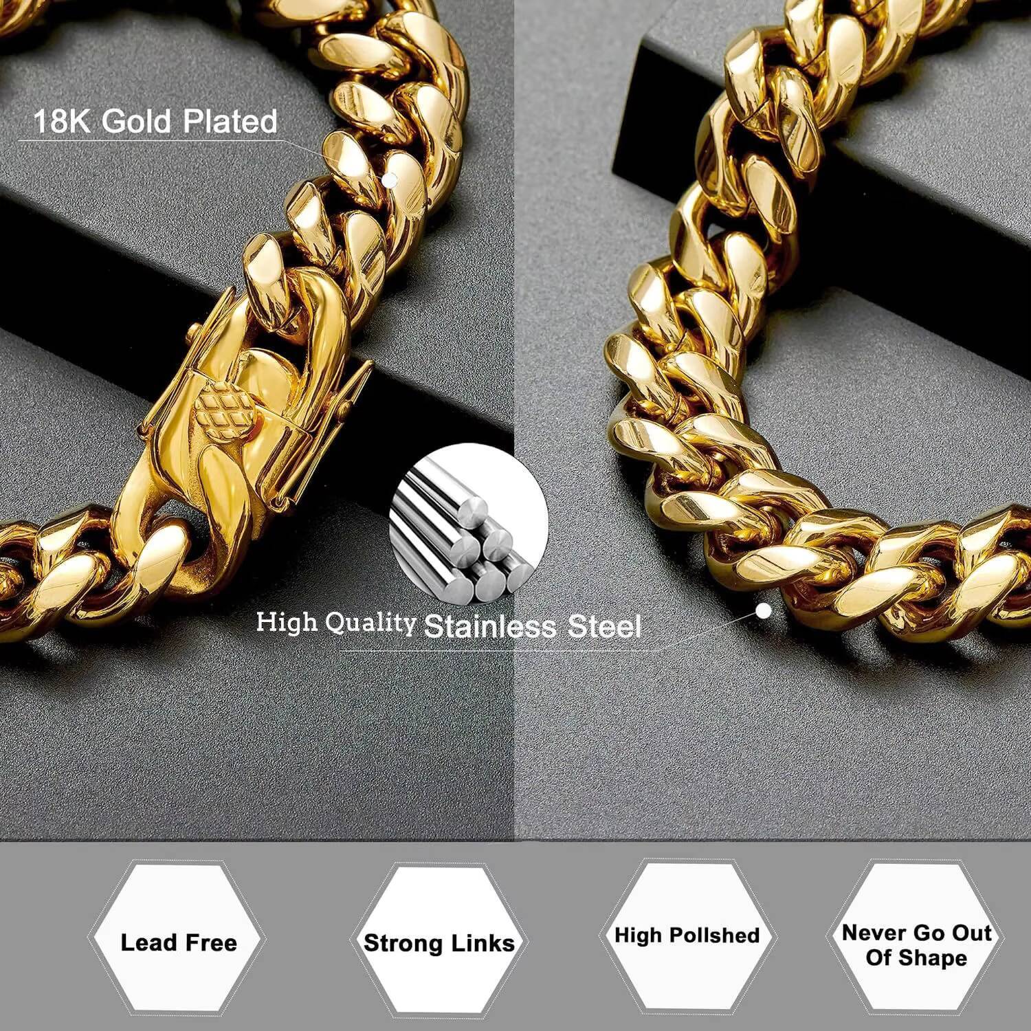 PVD Chunky Hip Hop Jewelry 18K Gold Plated Silver 316L Stainless Steel Miami Cuban Link Curb Chain Bracelet Necklace for Men