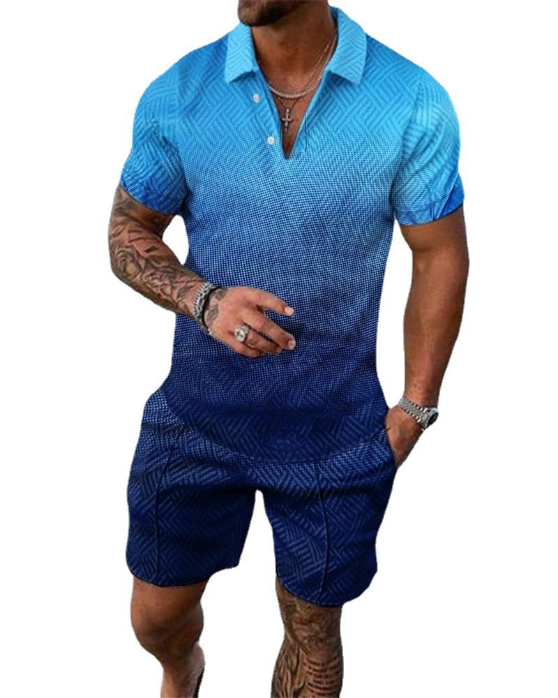 Fashion Button Set Men's Casual 3D Printed Polo Shirt Shorts