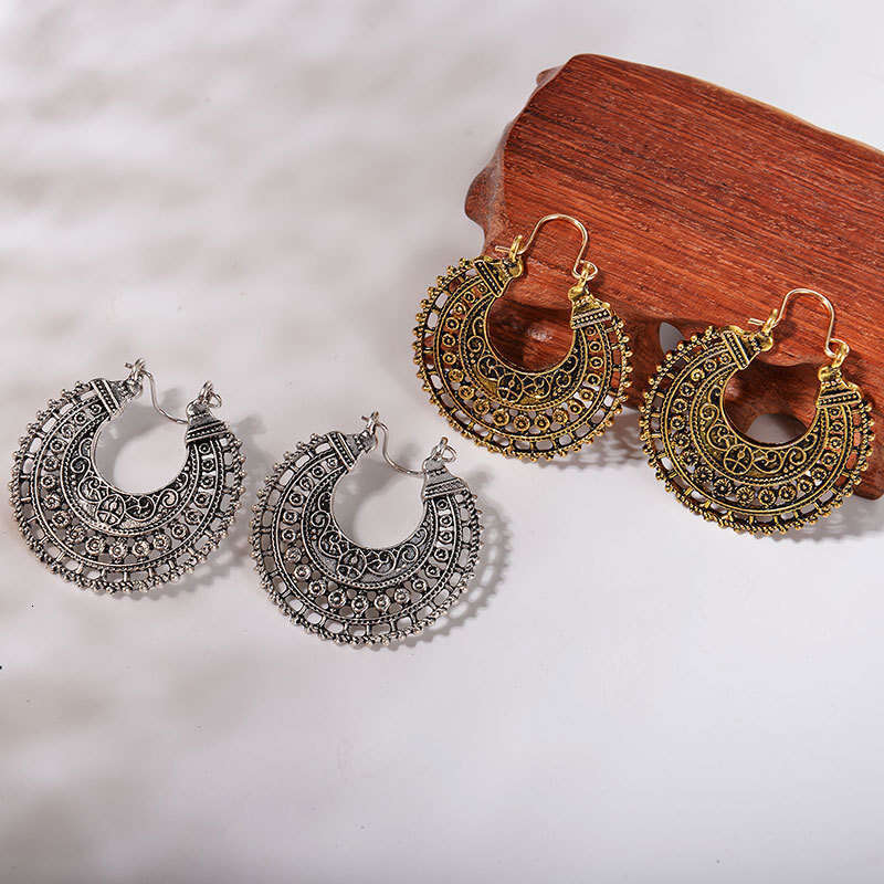 Bohemian Ethnic Style Hollow Carved Earrings Half Circle Trendy Alloy Pattern Ear Clips