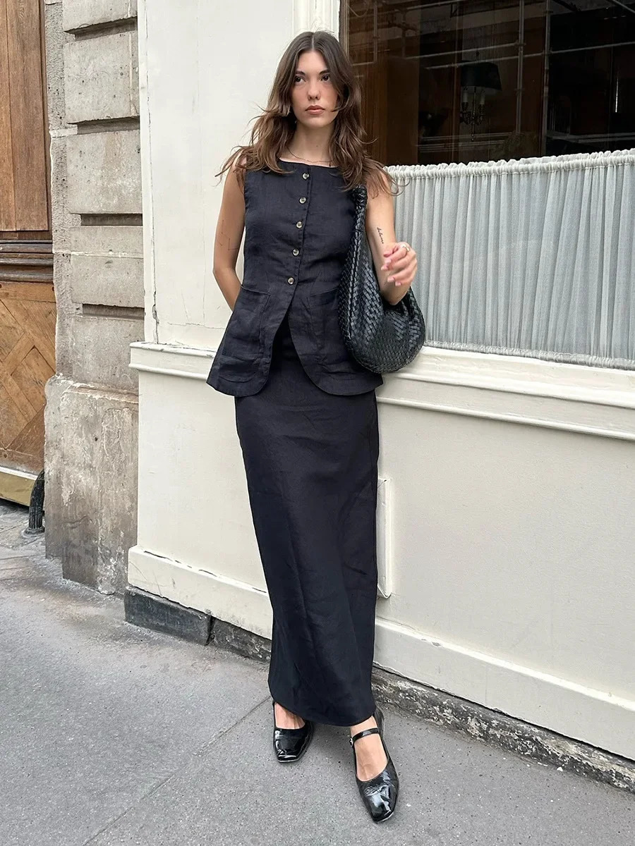 Wolfeel Womens Sleeveless Vest High Waisted Skirt 2-Piece Set Spring Summer Linen Casual Suit Fashion Office Lady Vest Set 250811