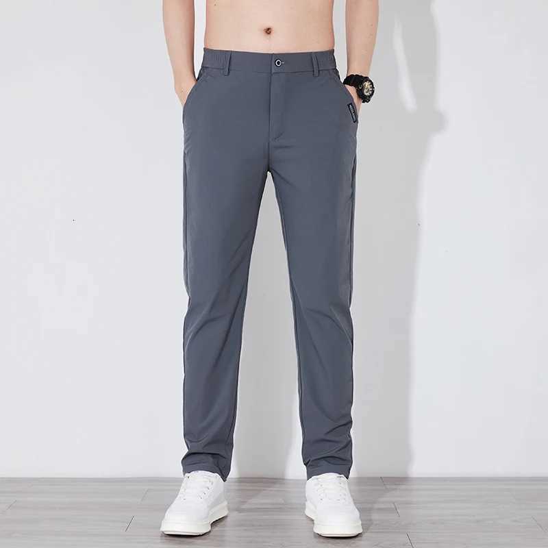 Summer Silk Stretch Smooth Trousers Men Business Elastic Waist Korean Classic Thin Cool Black Gray Casual Suit Pants Male Brand W250812