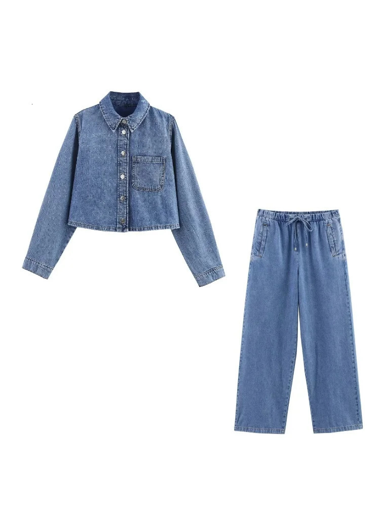 PB ZA Womens Long - sleeved Collared Button - down Cropped Denim Jacket and Drawstring - waist Denim Pants Set for Summer 250808