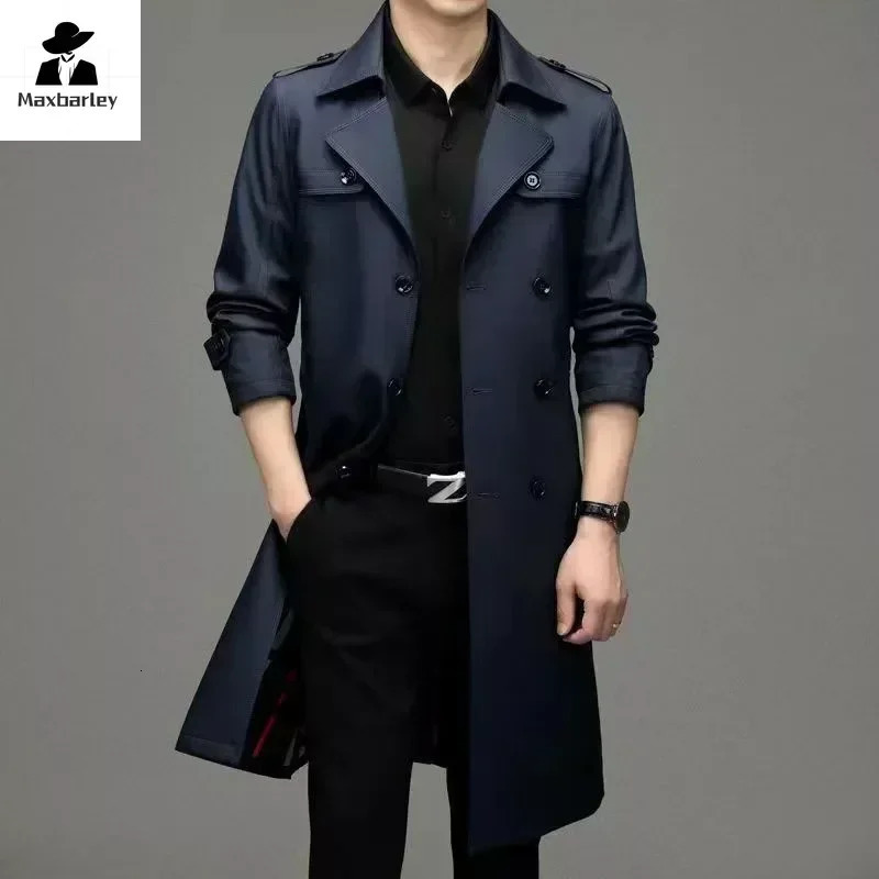 Business Mens Windbreaker Autumn High-quality Khaki Navy Black Double-breasted Trench Coat Fashion Male Clothing 250805