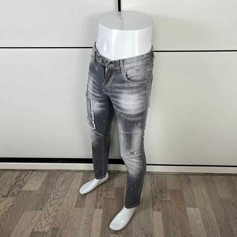 Latest designer high street fashion new mens jeans painted elastic slim fit washed vintage gray jeans hip-hop brand pants for men X250812