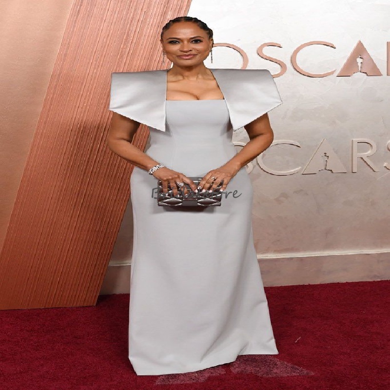 Elegant Silver Satin Evening Dress 2025 Cap Sleeve Mermaid Celebrity Prom Dresses Floor Length Ceremony Formal Party Vestio De Fiesta