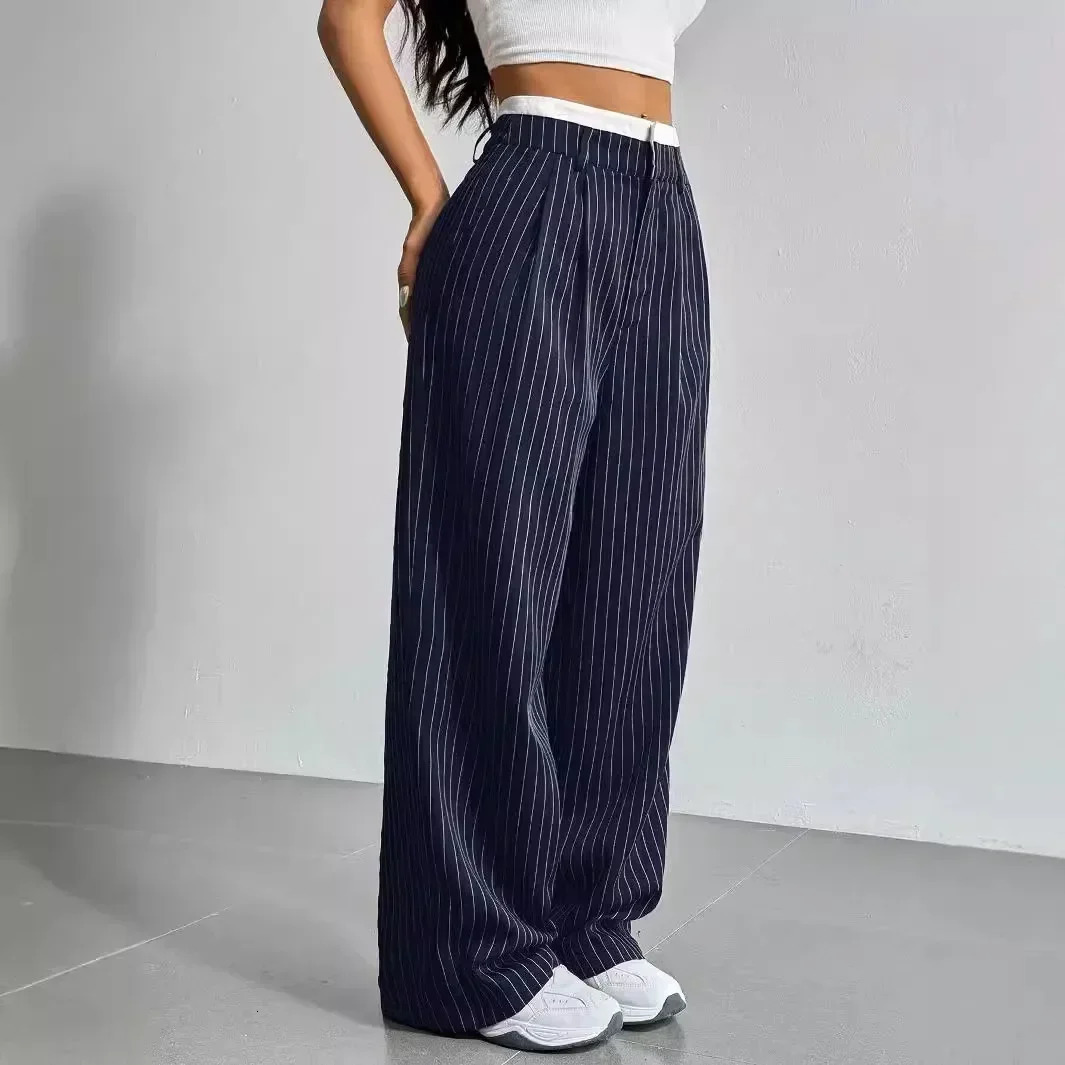 Women Stripes Printed Full Length Pants Trousers High Waist Fashion Casual Y2K Pants Loose Wide Leg 250811