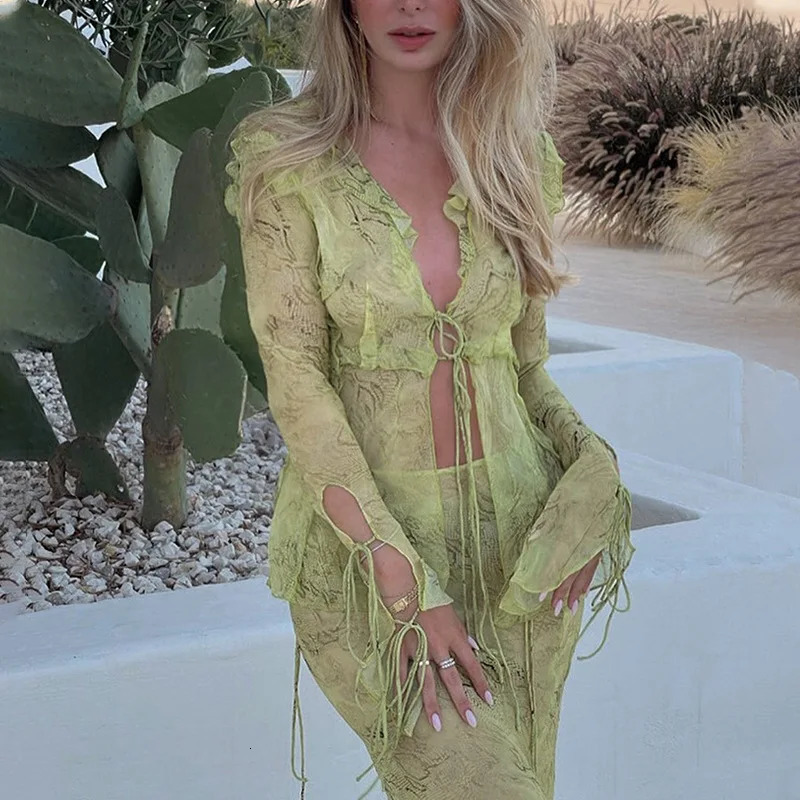 Cryptographic Fashion Coords Set Club Outfits Print Y2K Mesh Sheer Long Sleeve Tie Front Blouse Shirts Maxi Skirt Matching Sets 250811