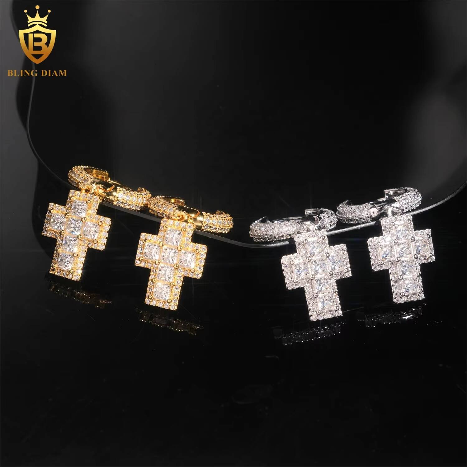 Fine Jewelry Luxury 925 Sterling Silver VVS Moissanite Hip Hop Custom Cross Earrings
