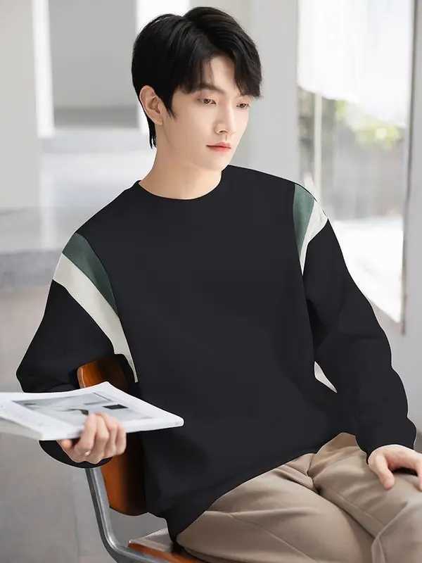 Color Block Mens Casual Hoodie Spring Autumn New Heavyweight Long Sleeve T-Shirt Mens Round Neck Top Y250811