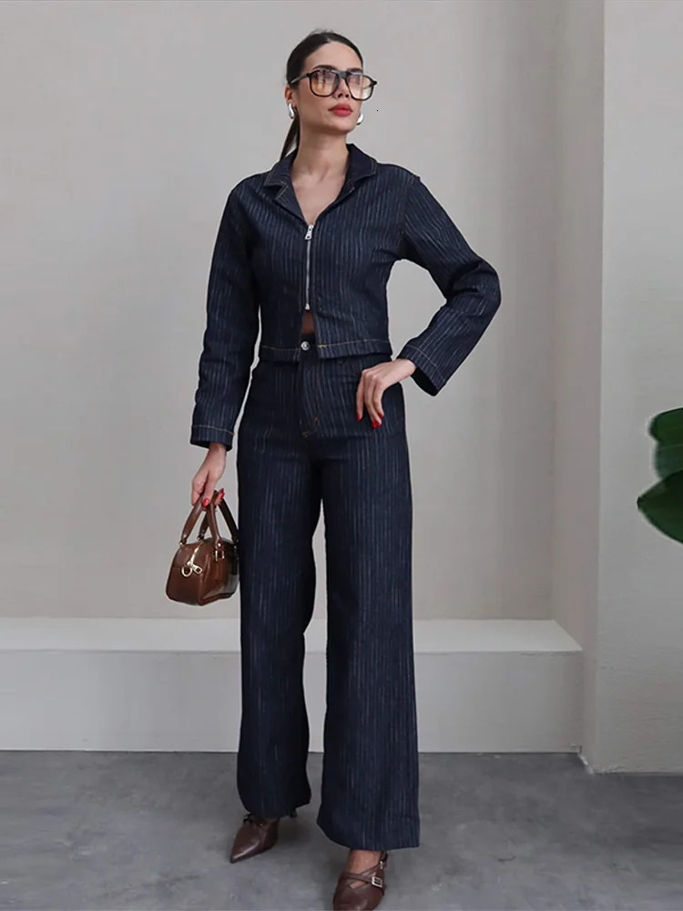 Vintage Women Stripe Denim Coat Trousers 2 Piece Sets Lapel Zip Denim Shirt Straight Dragging Office Work Casual Jeans Outfit 250811