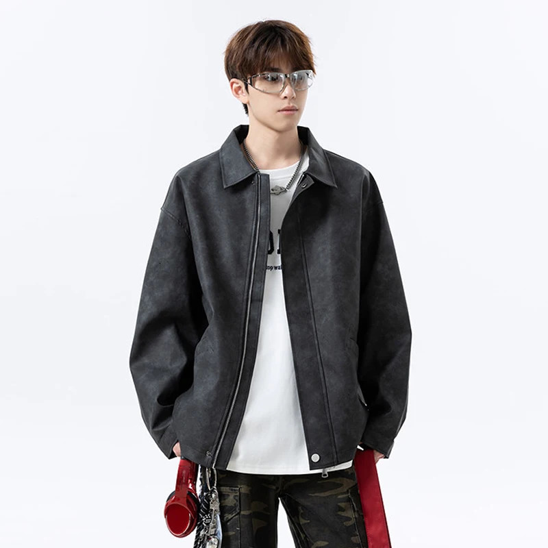 FEWQ High Street Mens PU Leather Jackets Solid Color Turn-down Collar Casual Pocket Fashion Loose Trendy Male Coats 24K5478 250811