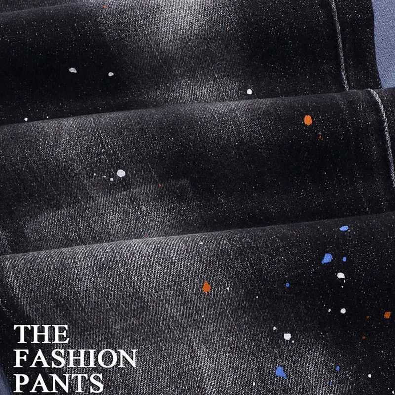 Fashionable new mens jeans scratch painted washed nostalgic stretchy slim fit blue jeans high street designer hip-hop style X250812