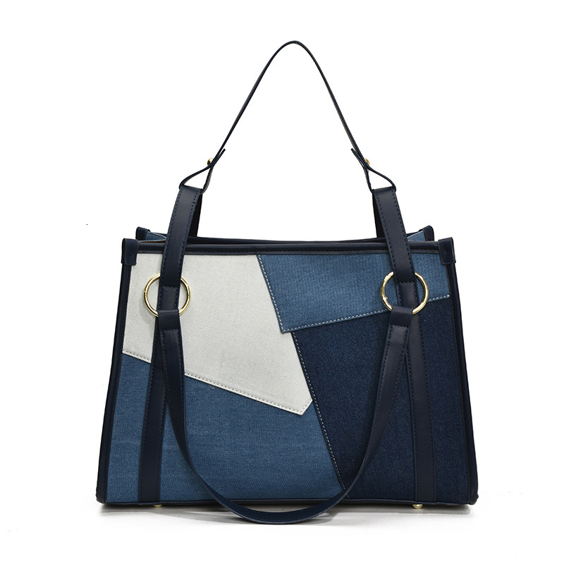 Denim for Women New Fashion Color Block Patchwork Single Shoulder Crossbody Commuter Casual Tote Bag