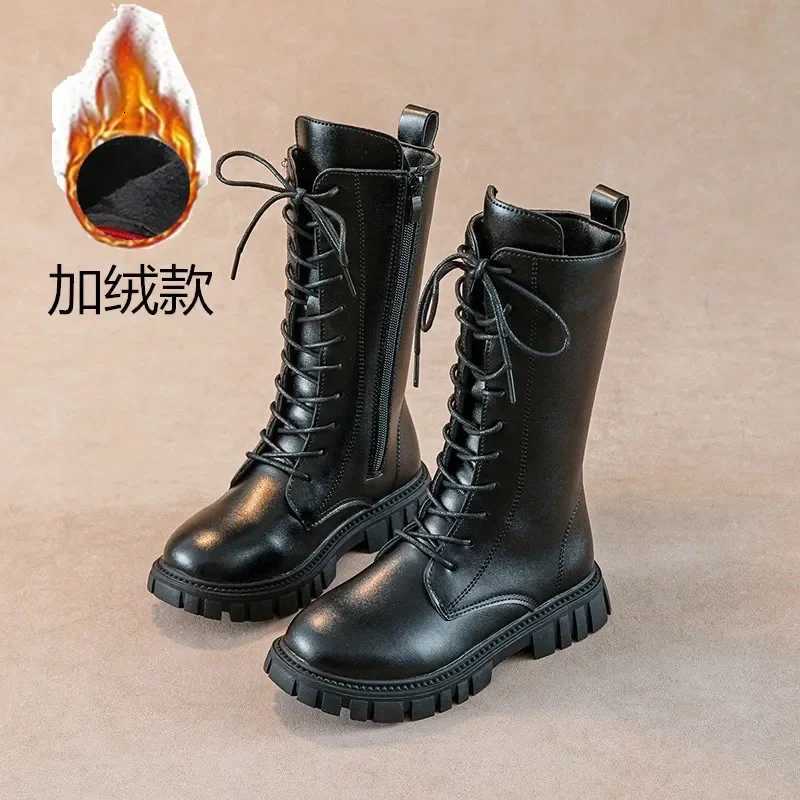 Girls Boots Autumn Winter British Style Lace Up Long Boots Solid Color Princess Leather Boots Plus Velvet Kids Knight Boots XJ250812