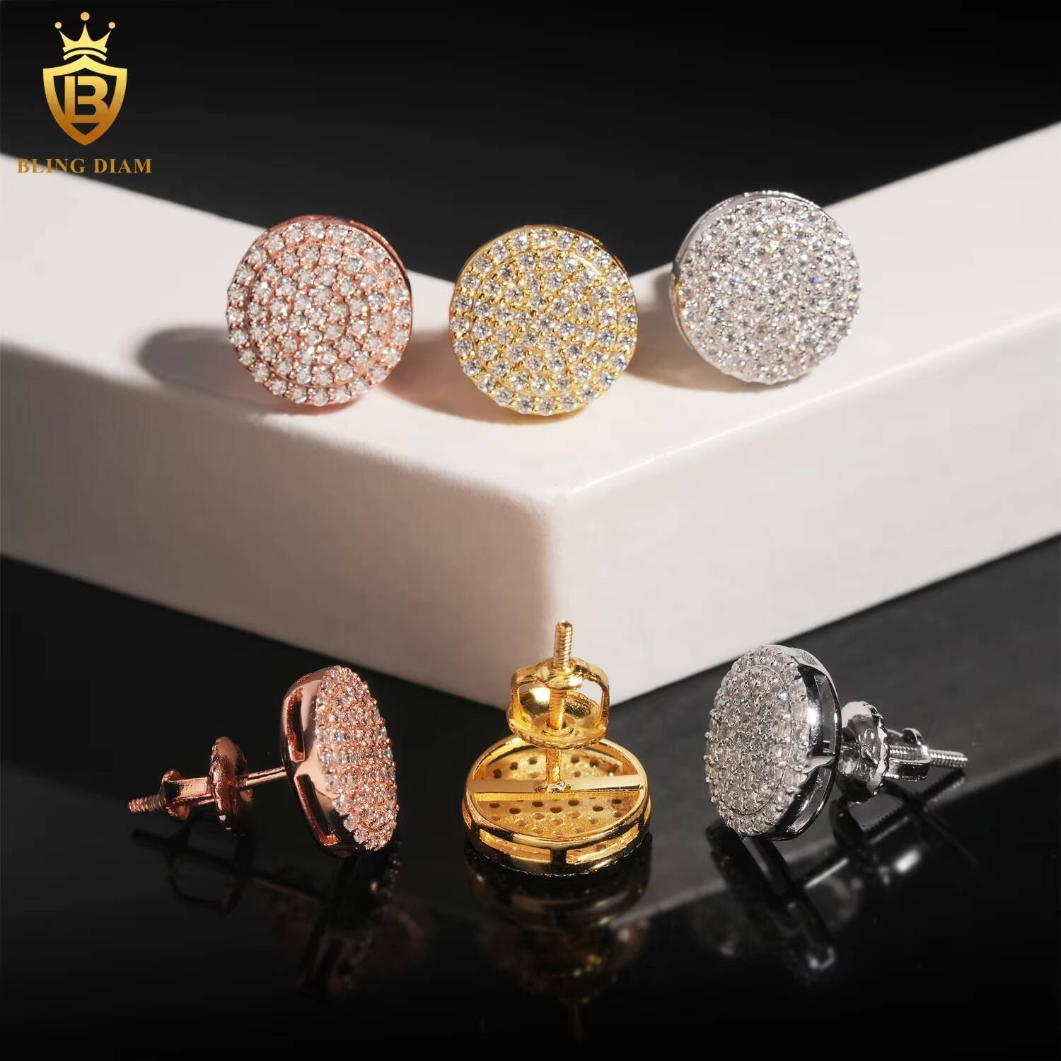 Fashion Jewelry Hip Hop Iced Out Moissanite 925 Sterling Silver Gold Plated Stud Earrings