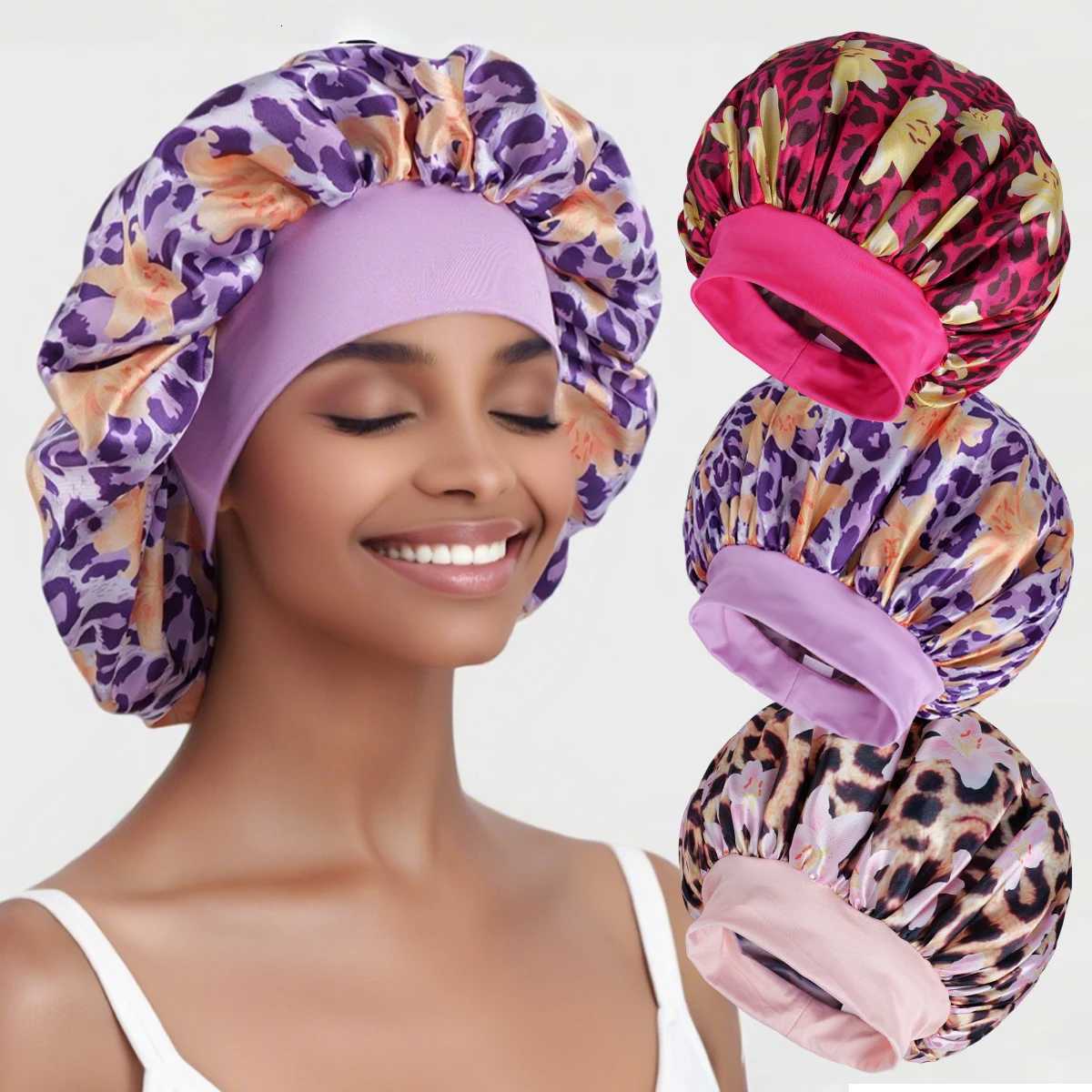 1pc Womens Satin Sleep Cap with Leopard Print and Lily Flowers Elastic Wide Brim Soft for Sleeping and Daily Use XJ250812