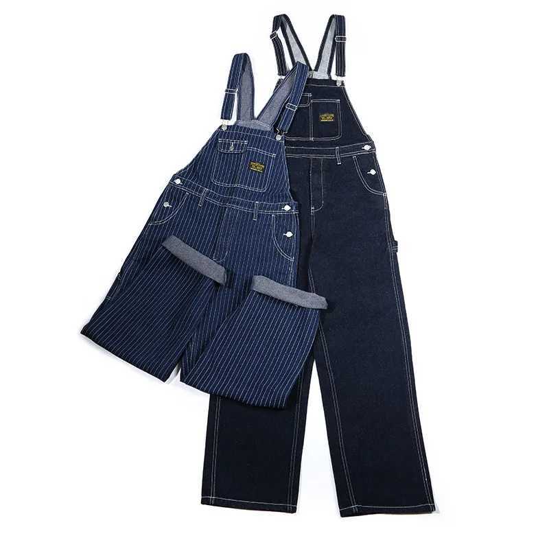 American Vintage Casual Indigo Raw Denim Overalls Mens Retro Striped Jeans Jumpsuit Long Denim Bib Pants OKONKWO X250812