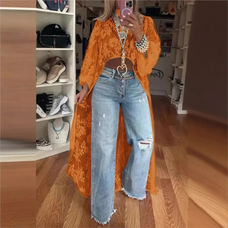 2025 Womens Fashion Lace Floral Shirt Top With High Neck Puff Sleeve Through Hollow-Out Front Short After Long Top Blouse 250811