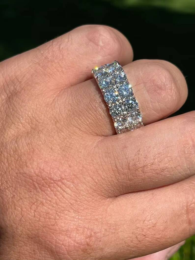 Pass Diamond Tester 2 Rows VVS Diamond Mens Womens Solid 925 Sterling Silver Hip Hop Iced Tennis MOISSANITE Ring