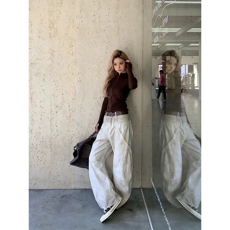 American Retro 2000s High Waist Full Length Jeans Pockets Hip-hop Baggy Cargo Pants Women Casual Y2K Grunge Street Denim Trouser 250811