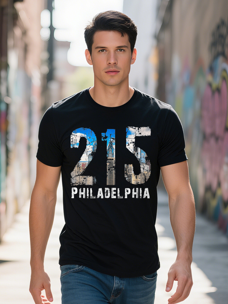 Philadelphia Skyline Area Code Men's Cotton T-Shirt Soft Breathable Casual Crew Neck Perfect for Summer