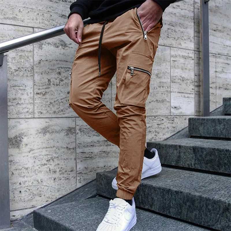 Mens Casual Drawstring Overalls Spring Autumn Fashion Personality Zipper Pocket Small Foot Pencil Pants Long Trousers X250812