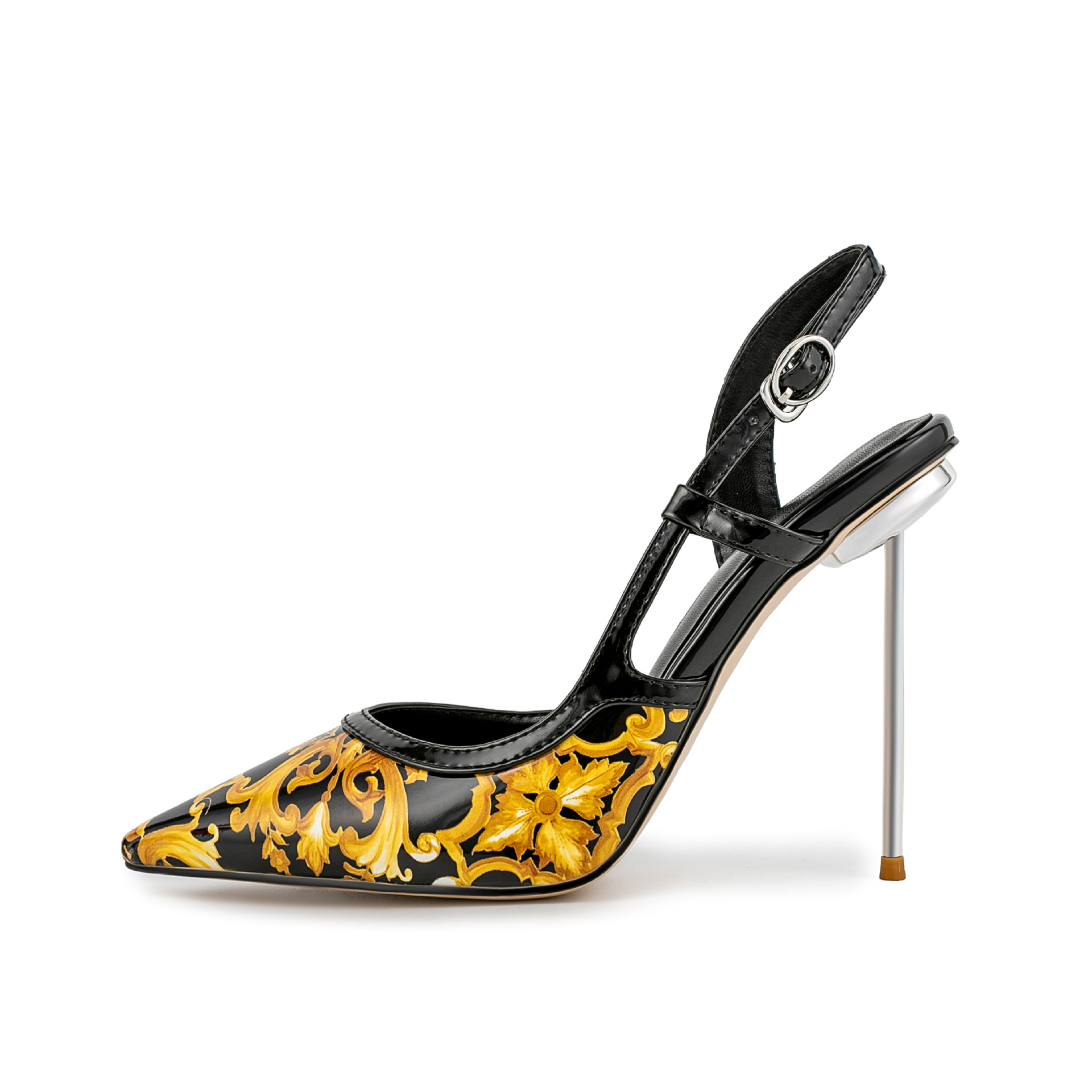 Blue Porcelain Stiletto Sandals - Chinese Floral Pointed Toe Ankle Strap Heels (White/Black)