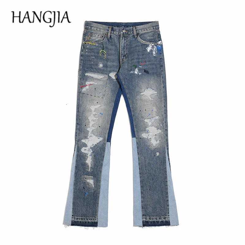 Blue Speckle Ink Washed Flared Jeans Men Slim Hip Hop Graffiti Ripped Denim Jeans Men Streetwear Vintage Wide Leg Jeans Pants Y2k X250812