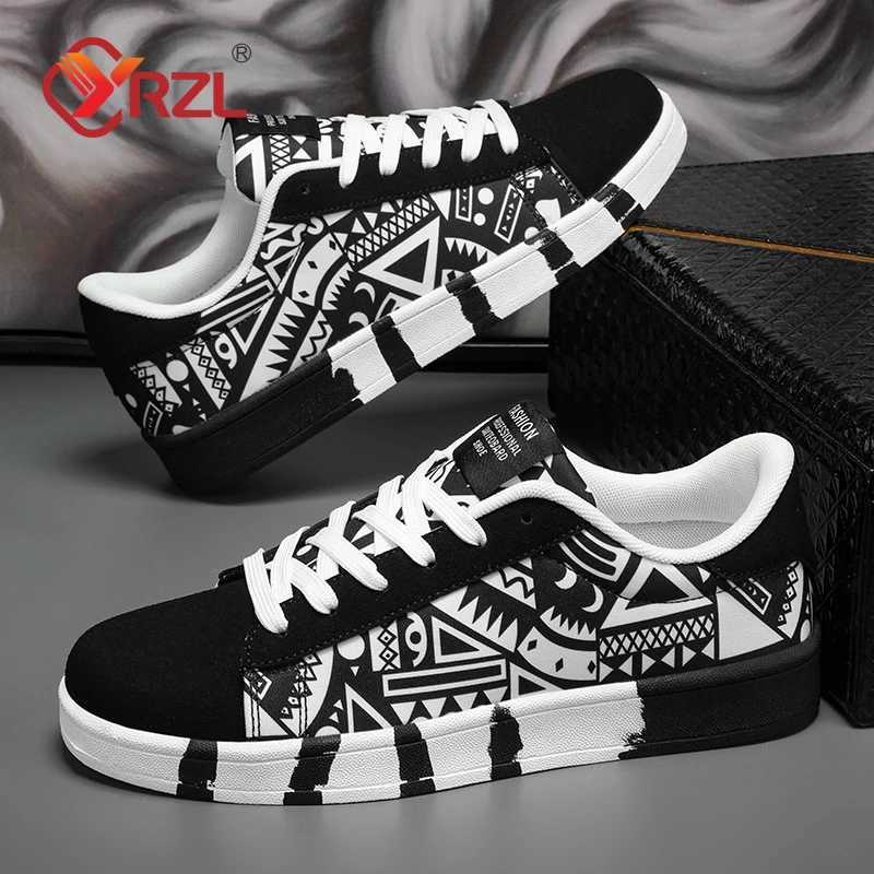 YRZL Mens Sports Running Shoes Canvas Geometric Style Lace-Up Sneakers Couples Fashionable Graffiti Print Skate Shoes Men Z250812