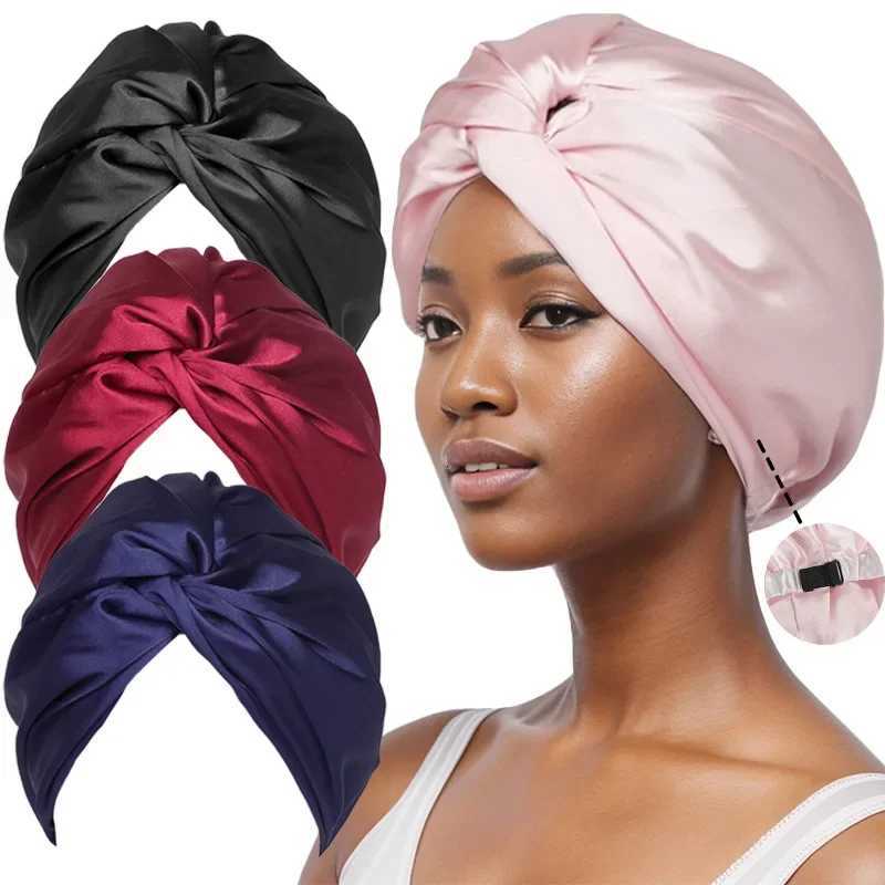 Women Satin Solid Sleeping Hat Night Sleep Cap for Women Shower Caps Waterproof Cross Twisted Hair Bonnets Adjustable Cap XJ250812