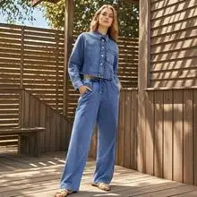 PB ZA Womens Long - sleeved Collared Button - down Cropped Denim Jacket and Drawstring - waist Denim Pants Set for Summer 250808