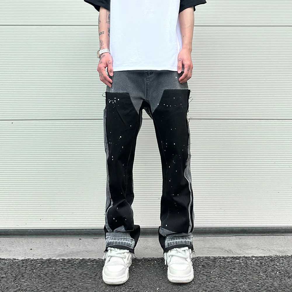 2024 Graffiti Black Flared Jeans Men Vintage Hip Hop Patches Splashed Ink Wide Leg Jeans Y2k Streetwear Baggy Washed Denim Pants X250812