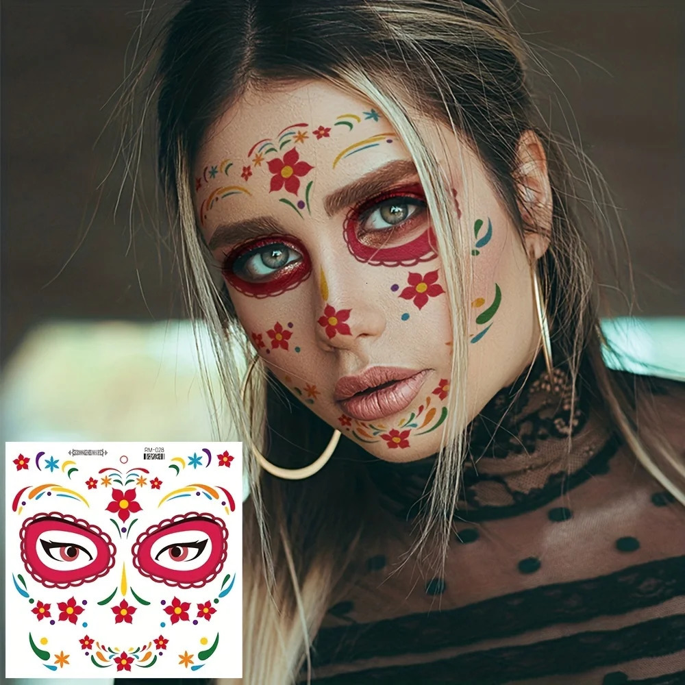 Halloween Temporary Tattoos Sticker Day Of The Dead La Catrina Face Skull Waterproof Party Makeup Decals 250809