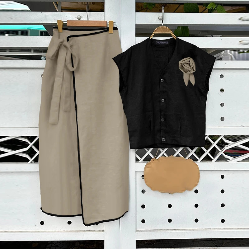 ZANZEA Solid Color Women Dress Sets Vintage Casual Short Sleeve Tops Maxi Skirts 2PCS Elastic Waist Flower Elegant Suits 250811