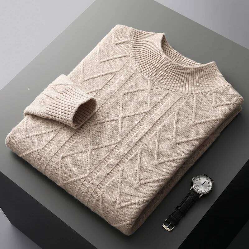 Winter 100% Merino Wool Knit Pullover Men's Semi-High Neck Thicken Sweater Fashion Loose Jacquard Youth Shirt High-End Warm Tops 250812