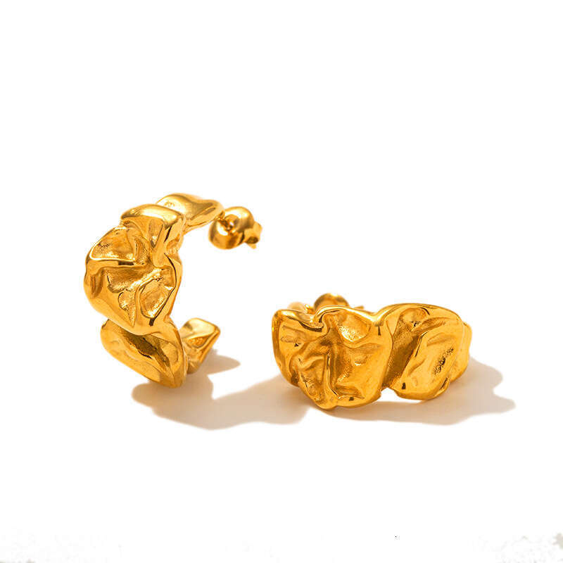 Gold Stainless Titanium Steel C-Shaped Irregular Metal Ball Splicing Lava Texture Wrinkle Earrings Studs Ear Jewelry