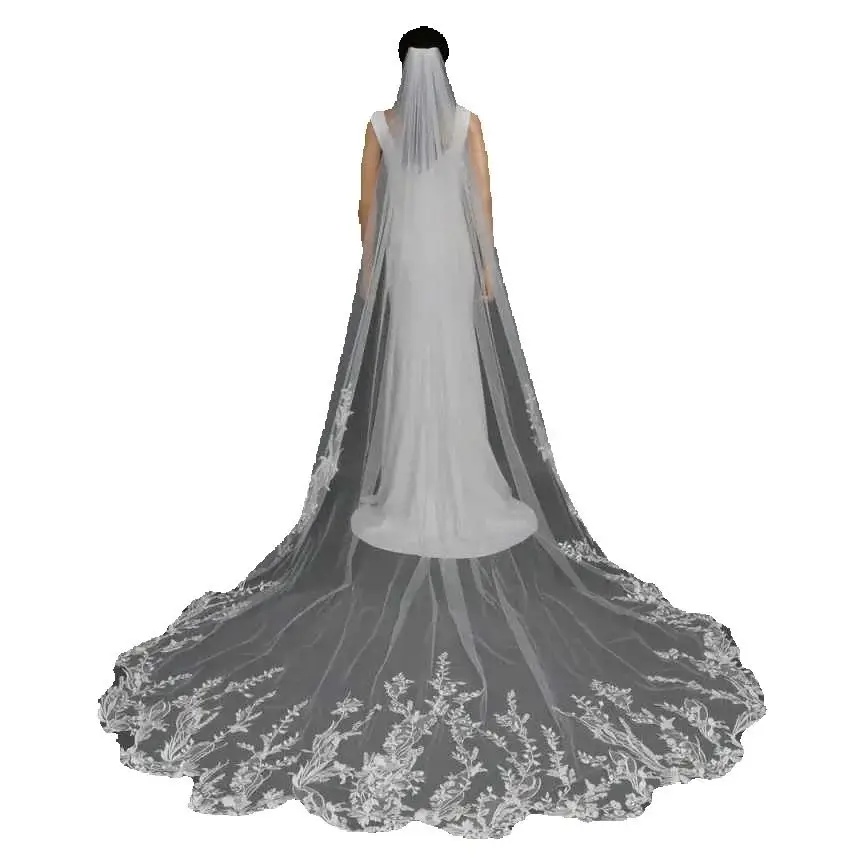 Elegant Long Lace Appliques Wedding Veil 3 Meters White Ivory Bridal Veil with Comb Blusher Bride Headpiece Accessories
