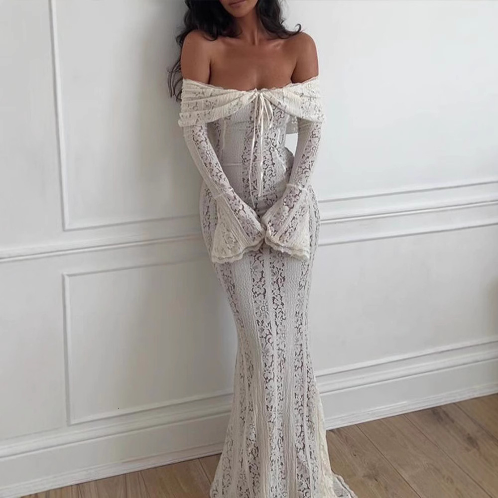 2025 Summer New Women's Lace Lace Strap Off Shoulder Trumpet Sleeves Slimming Long Dress European and American Sexy Long Sleeve High Waist trend 
